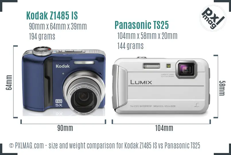 Kodak Z1485 IS vs Panasonic TS25 size comparison