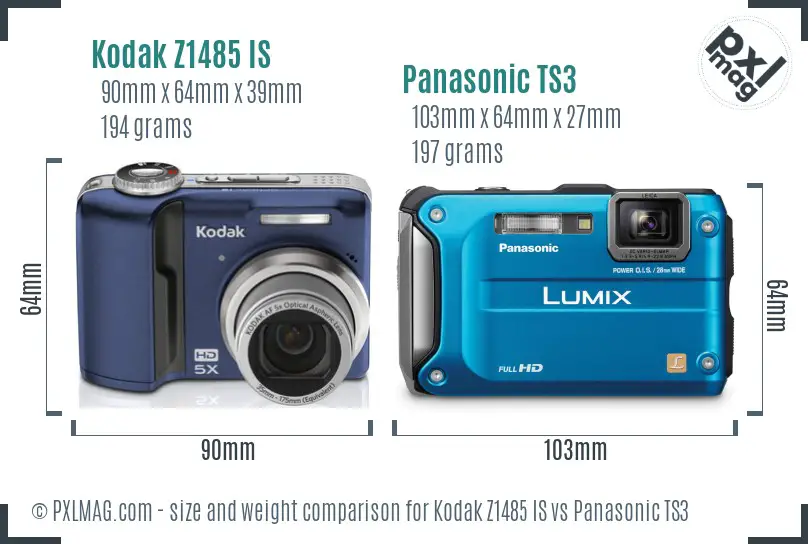 Kodak Z1485 IS vs Panasonic TS3 size comparison