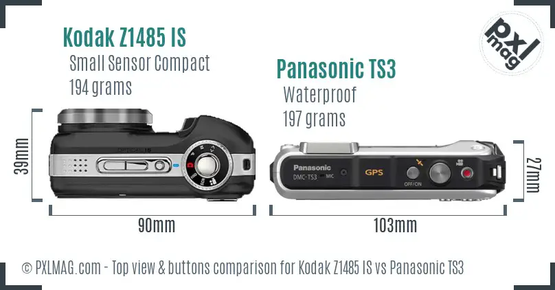 Kodak Z1485 IS vs Panasonic TS3 top view buttons comparison