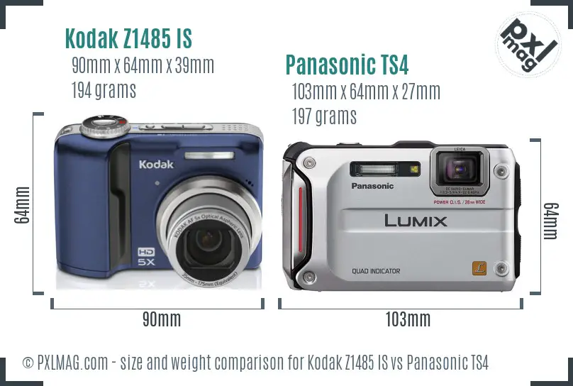 Kodak Z1485 IS vs Panasonic TS4 size comparison