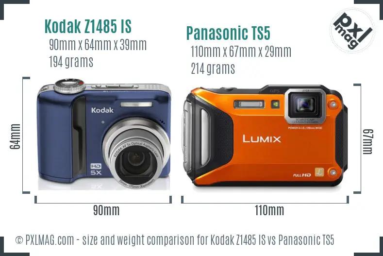 Kodak Z1485 IS vs Panasonic TS5 size comparison