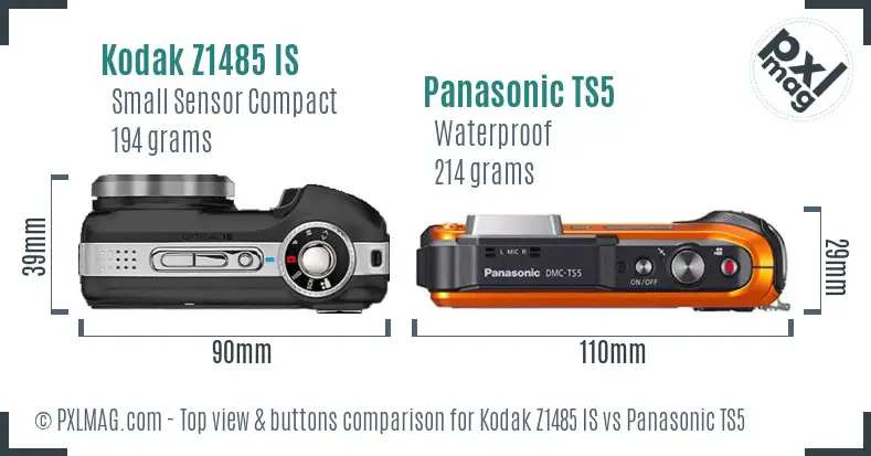 Kodak Z1485 IS vs Panasonic TS5 top view buttons comparison