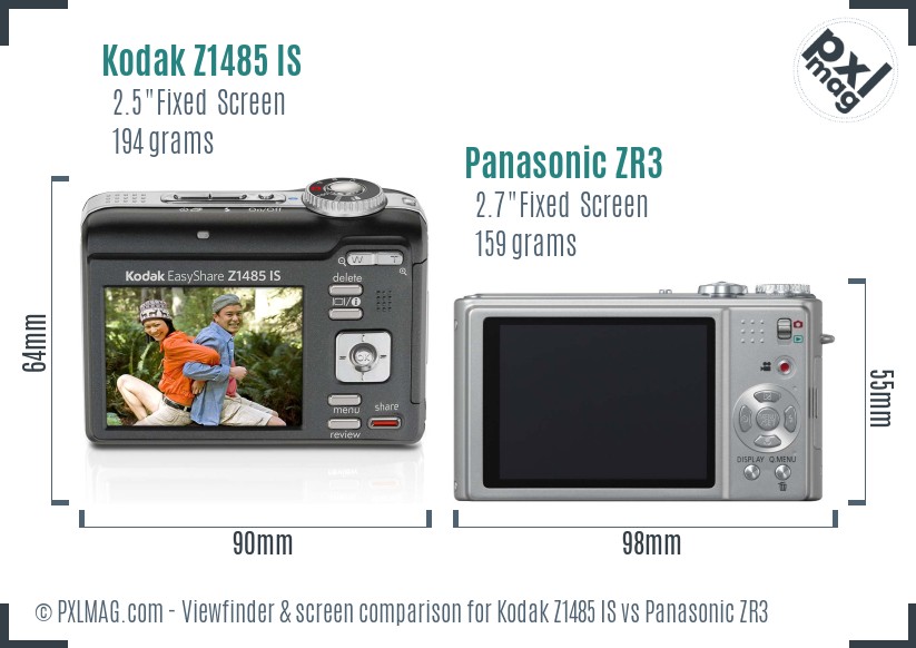 Kodak Z1485 IS vs Panasonic ZR3 Screen and Viewfinder comparison