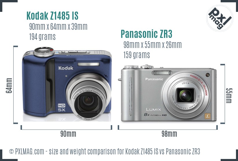 Kodak Z1485 IS vs Panasonic ZR3 size comparison
