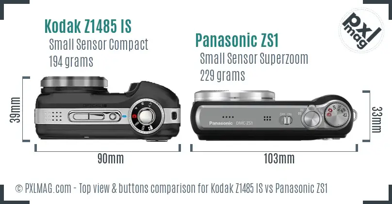 Kodak Z1485 IS vs Panasonic ZS1 top view buttons comparison Kodak Z1485 IS vs Panasonic ZS1 top view buttons comparison