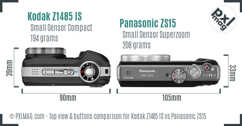 Kodak Z1485 IS vs Panasonic ZS15 top view buttons comparison Kodak Z1485 IS vs Panasonic ZS15 top view buttons comparison