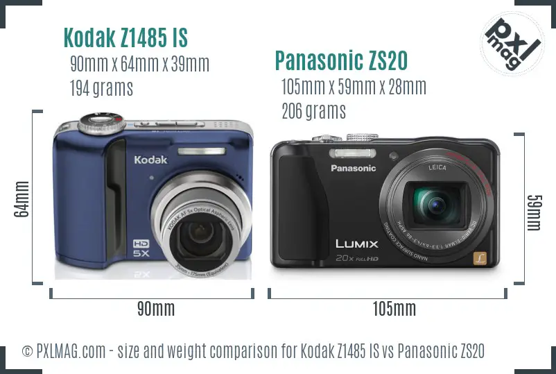 Kodak Z1485 IS vs Panasonic ZS20 size comparison