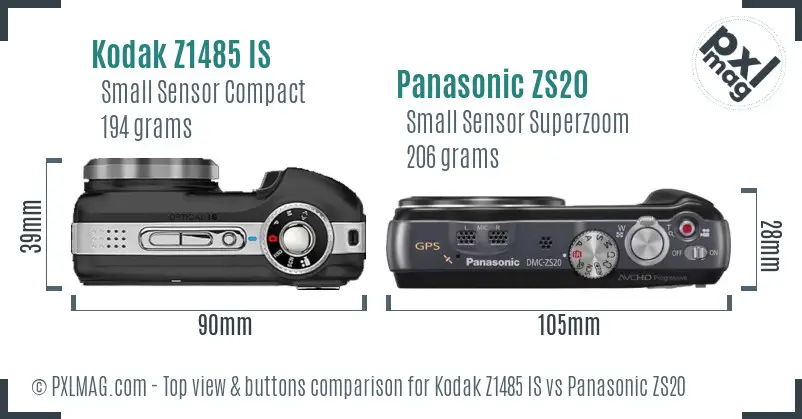 Kodak Z1485 IS vs Panasonic ZS20 top view buttons comparison