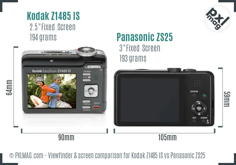 Kodak Z1485 IS vs Panasonic ZS25 Screen and Viewfinder comparison