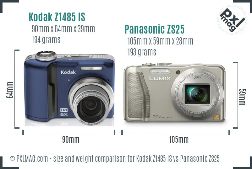 Kodak Z1485 IS vs Panasonic ZS25 size comparison