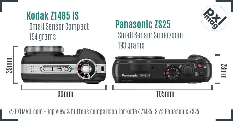 Kodak Z1485 IS vs Panasonic ZS25 top view buttons comparison