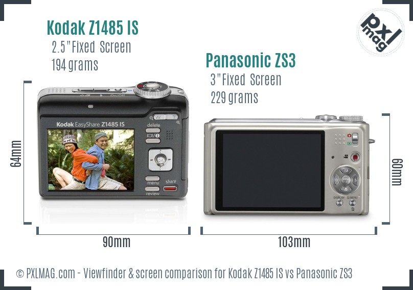 Kodak Z1485 IS vs Panasonic ZS3 Screen and Viewfinder comparison