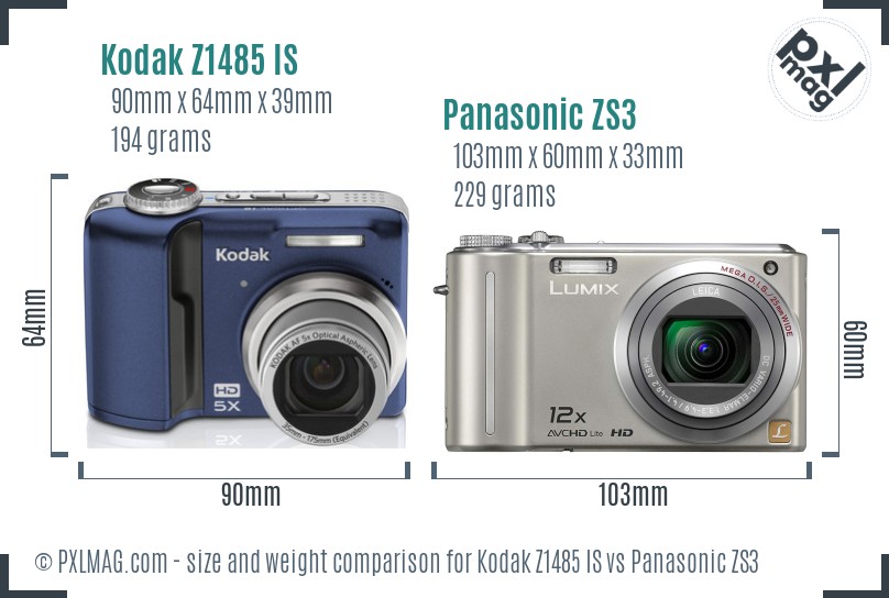 Kodak Z1485 IS vs Panasonic ZS3 size comparison Kodak Z1485 IS vs Panasonic ZS3 size comparison