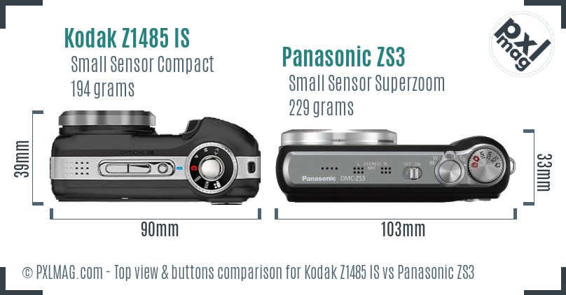 Kodak Z1485 IS vs Panasonic ZS3 top view buttons comparison