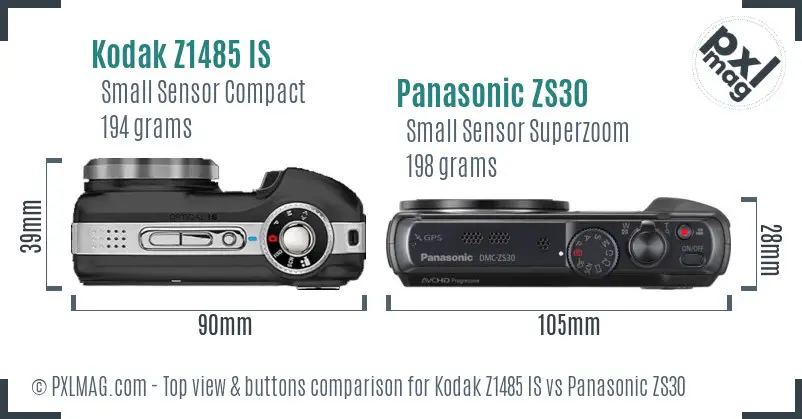 Kodak Z1485 IS vs Panasonic ZS30 top view buttons comparison Kodak Z1485 IS vs Panasonic ZS30 top view buttons comparison