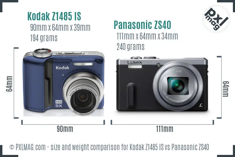 Kodak Z1485 IS vs Panasonic ZS40 size comparison Kodak Z1485 IS vs Panasonic ZS40 size comparison
