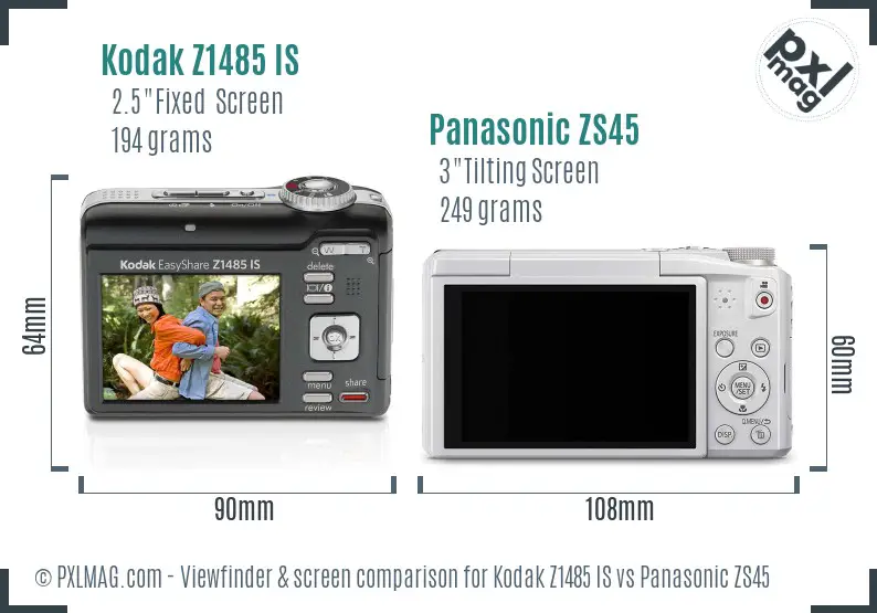 Kodak Z1485 IS vs Panasonic ZS45 Screen and Viewfinder comparison