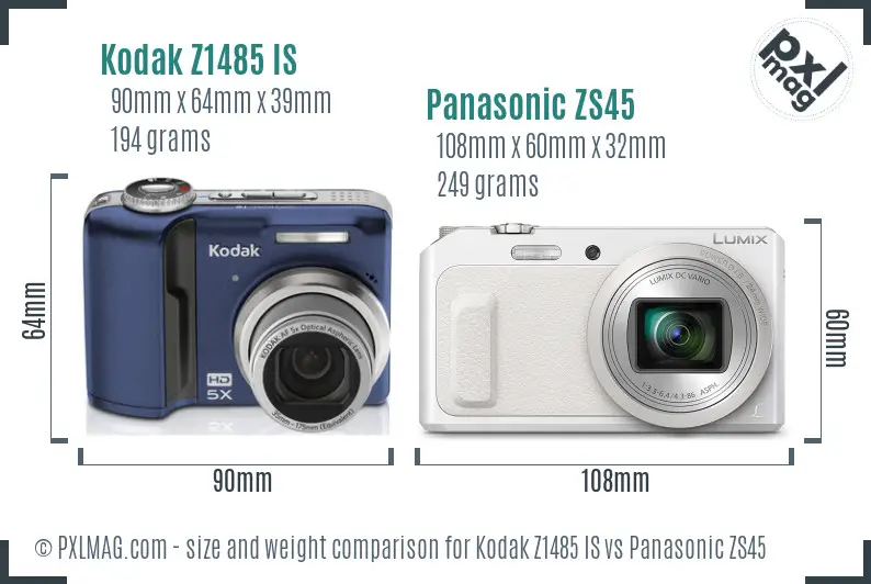 Kodak Z1485 IS vs Panasonic ZS45 size comparison