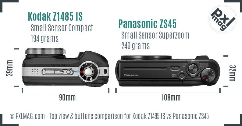 Kodak Z1485 IS vs Panasonic ZS45 top view buttons comparison