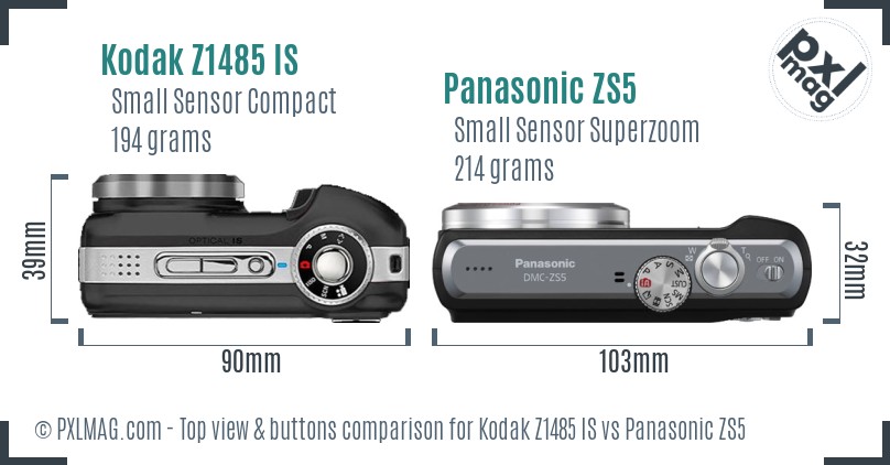 Kodak Z1485 IS vs Panasonic ZS5 top view buttons comparison