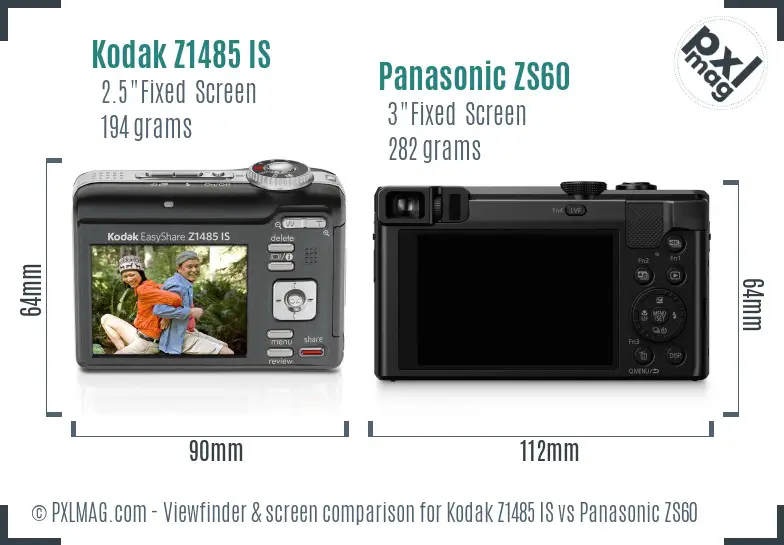 Kodak Z1485 IS vs Panasonic ZS60 Screen and Viewfinder comparison