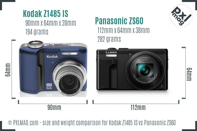 Kodak Z1485 IS vs Panasonic ZS60 size comparison
