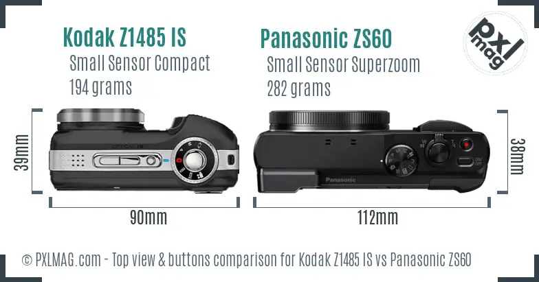 Kodak Z1485 IS vs Panasonic ZS60 top view buttons comparison