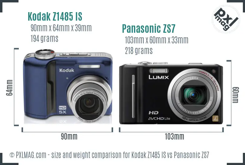Kodak Z1485 IS vs Panasonic ZS7 size comparison