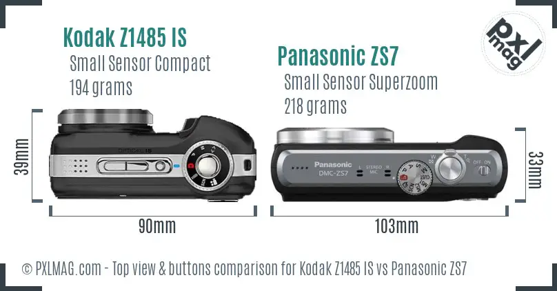 Kodak Z1485 IS vs Panasonic ZS7 top view buttons comparison