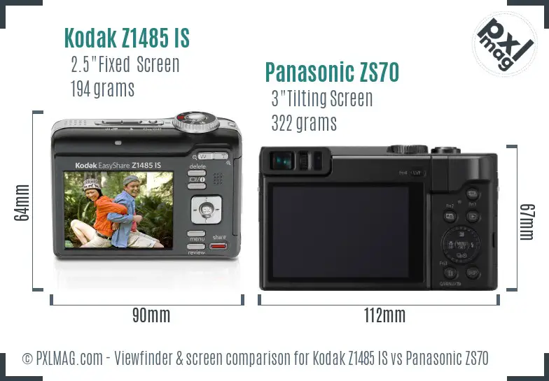 Kodak Z1485 IS vs Panasonic ZS70 Screen and Viewfinder comparison