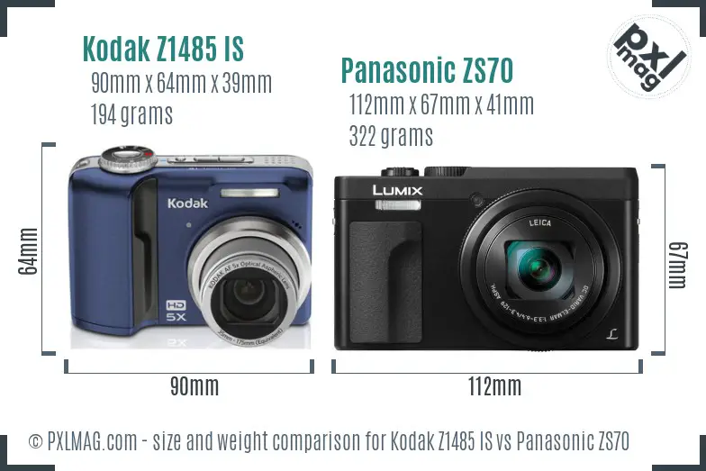 Kodak Z1485 IS vs Panasonic ZS70 size comparison