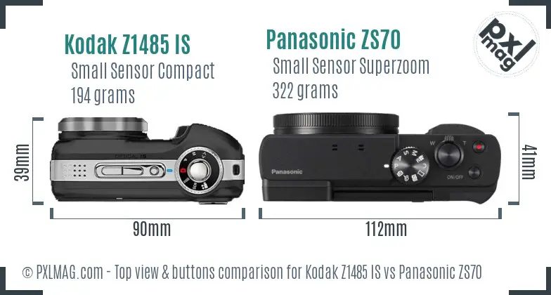 Kodak Z1485 IS vs Panasonic ZS70 top view buttons comparison