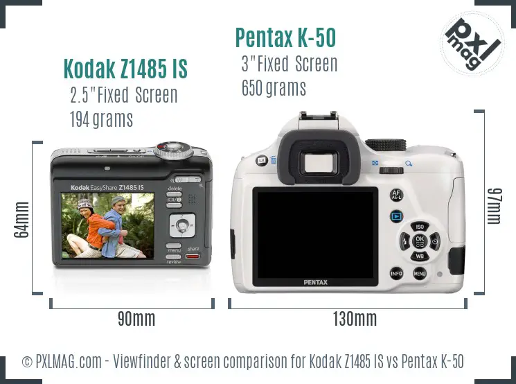 Kodak Z1485 IS vs Pentax K-50 Screen and Viewfinder comparison