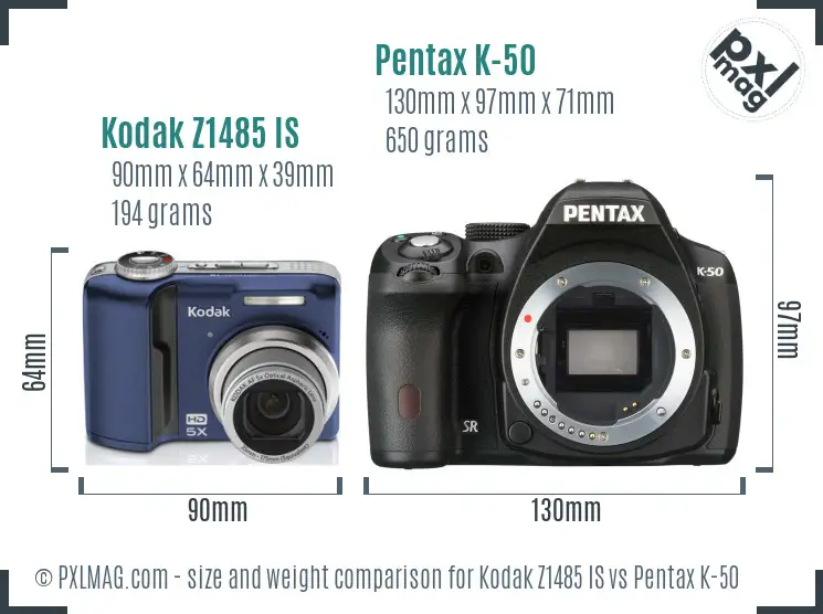 Kodak Z1485 IS vs Pentax K-50 size comparison