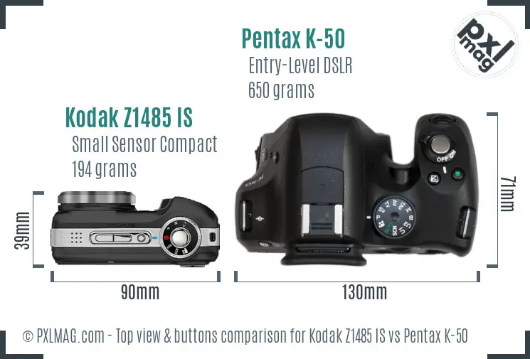 Kodak Z1485 IS vs Pentax K-50 top view buttons comparison