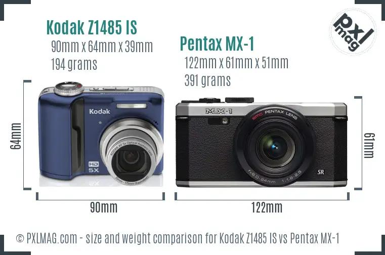 Kodak Z1485 IS vs Pentax MX-1 size comparison
