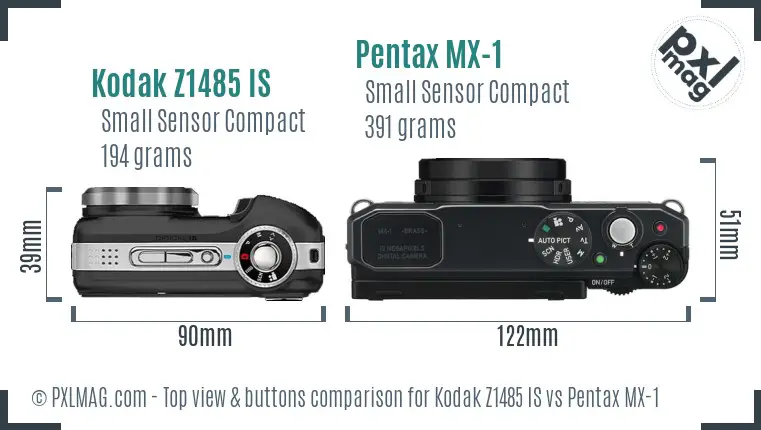 Kodak Z1485 IS vs Pentax MX-1 top view buttons comparison
