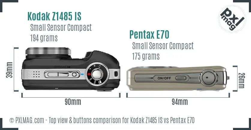 Kodak Z1485 IS vs Pentax E70 top view buttons comparison