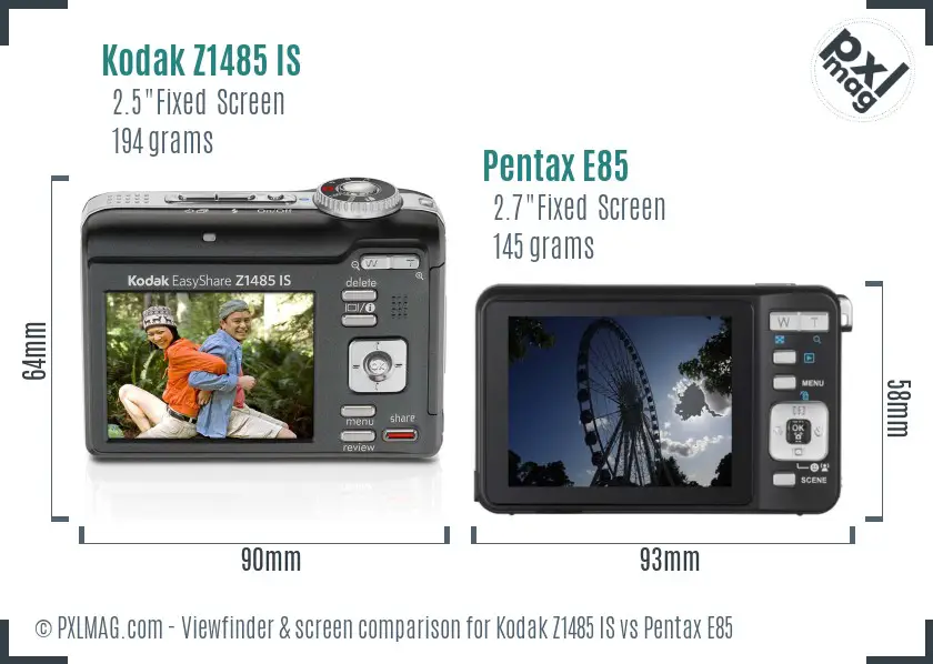 Kodak Z1485 IS vs Pentax E85 Screen and Viewfinder comparison