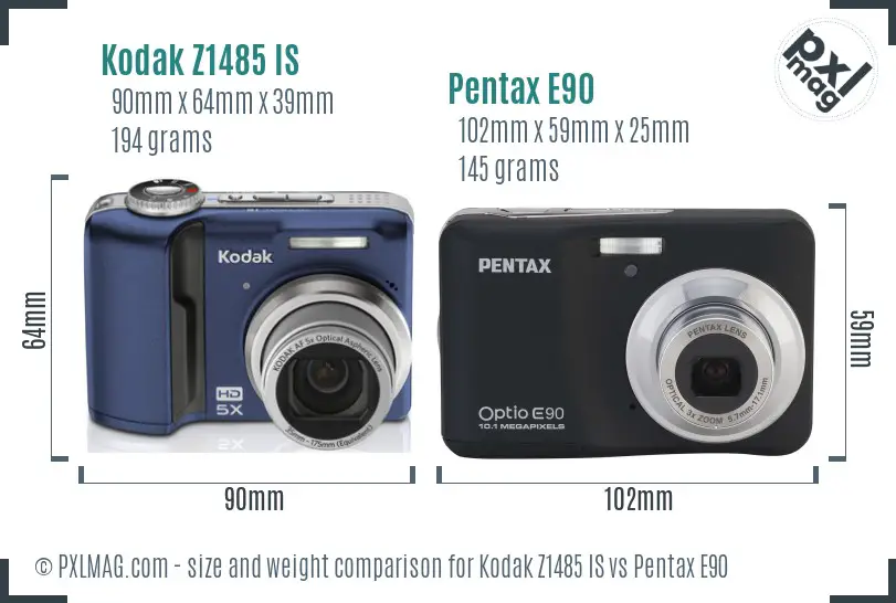 Kodak Z1485 IS vs Pentax E90 size comparison