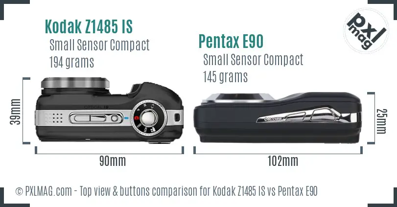 Kodak Z1485 IS vs Pentax E90 top view buttons comparison