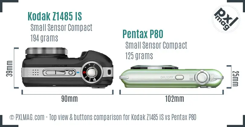 Kodak Z1485 IS vs Pentax P80 top view buttons comparison