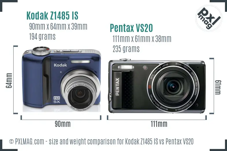 Kodak Z1485 IS vs Pentax VS20 size comparison