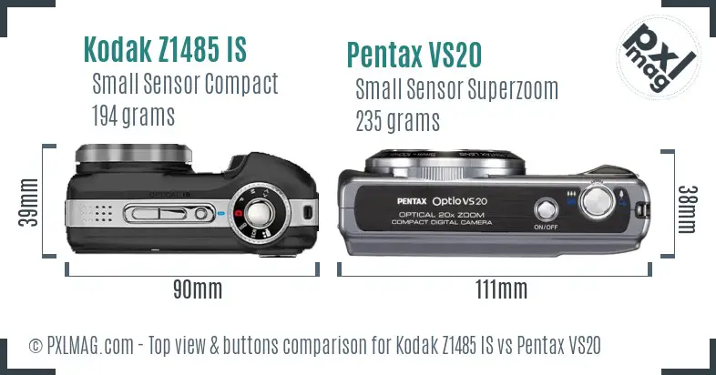 Kodak Z1485 IS vs Pentax VS20 top view buttons comparison