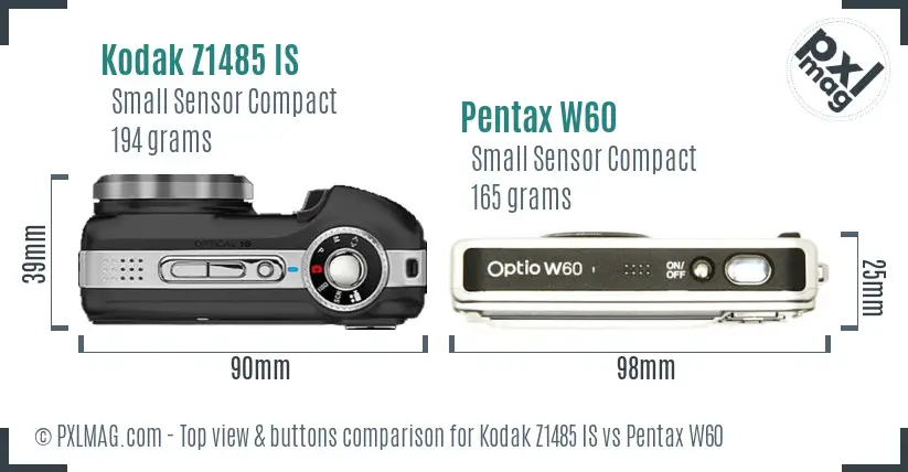 Kodak Z1485 IS vs Pentax W60 top view buttons comparison Kodak Z1485 IS vs Pentax W60 top view buttons comparison