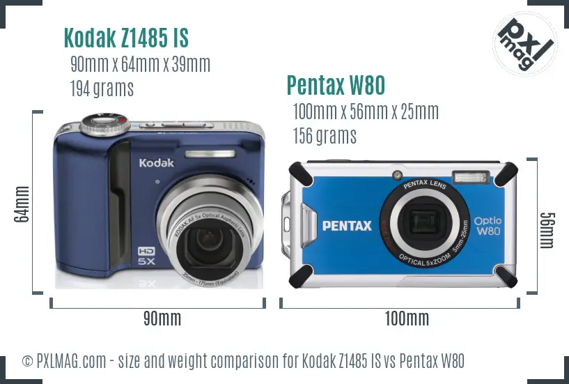 Kodak Z1485 IS vs Pentax W80 size comparison