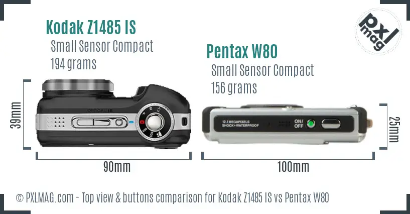 Kodak Z1485 IS vs Pentax W80 top view buttons comparison