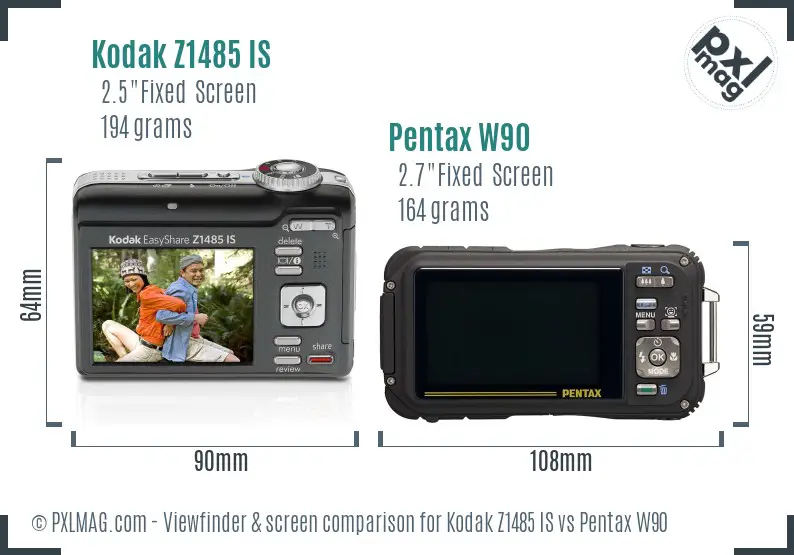 Kodak Z1485 IS vs Pentax W90 Screen and Viewfinder comparison