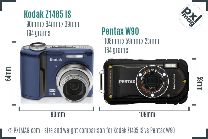 Kodak Z1485 IS vs Pentax W90 size comparison