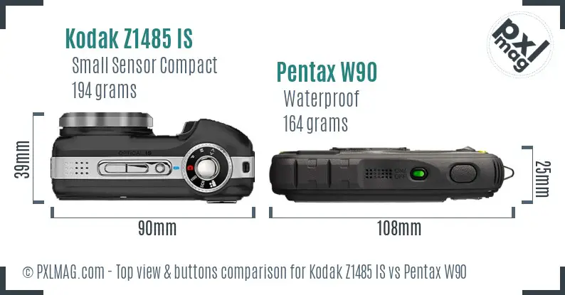 Kodak Z1485 IS vs Pentax W90 top view buttons comparison